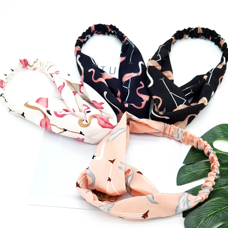 

Fashion Retro Flamingo Women Elastic Turban Wild Headband Ribbon Bow Girls Hair Accessories