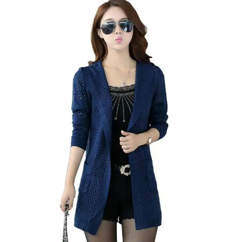 spring autumn new women's knitted cardigans women long solid sweaters hollow hooded shawl for ladies plus size thin kl0440 |