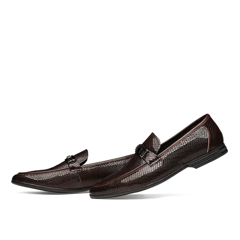 Serpentine Grain Brown / Black Loafers Mens Dress Shoes Genuine Leather Summer Casual Male Social | Обувь
