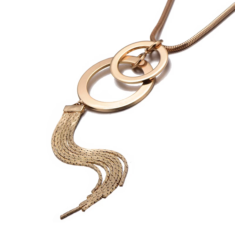 Длинное золотое ожерелье с кисточками и кругами большим кулоном для женщин