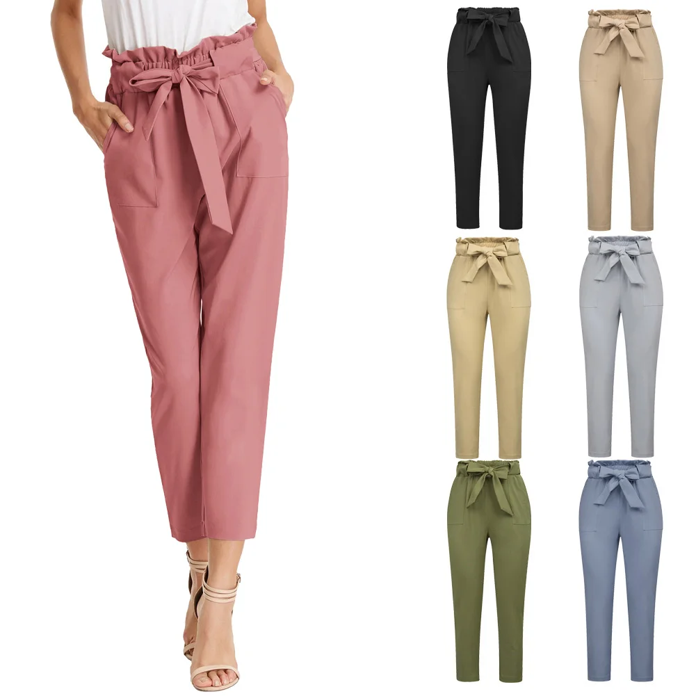 Обрезанные карманы бумажная сумка талия высокая офисный ремень черные брюки