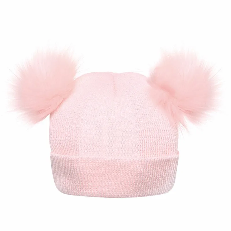 Зимняя вязаные детские шляпы 2018 милая однотонная шапка с два меховых помпона