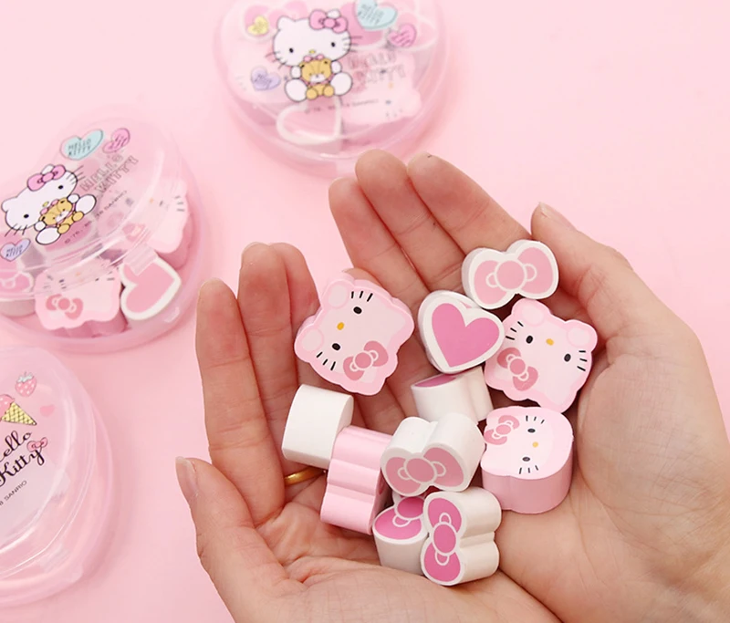 6 шт./упаковка, ластик с рисунком кота hello kitty, сердечка, бант, милый детский карандаш для коррекции письма, резиновые ластики, подарок каваи