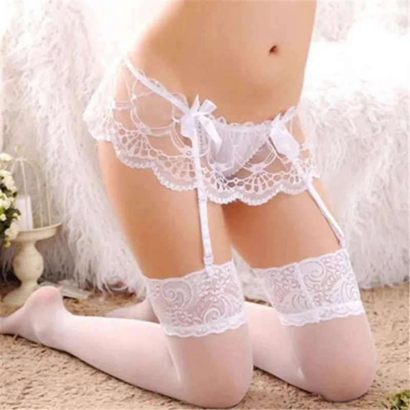 white with stockings Эротический сексуальный пояс с резинками для чулок, набор для девушек, Прозрачное нижнее белье, женские горячие кружевные чулки, Новое эротическое белье, стринги, колготки, набор - Цвет: white with stockings