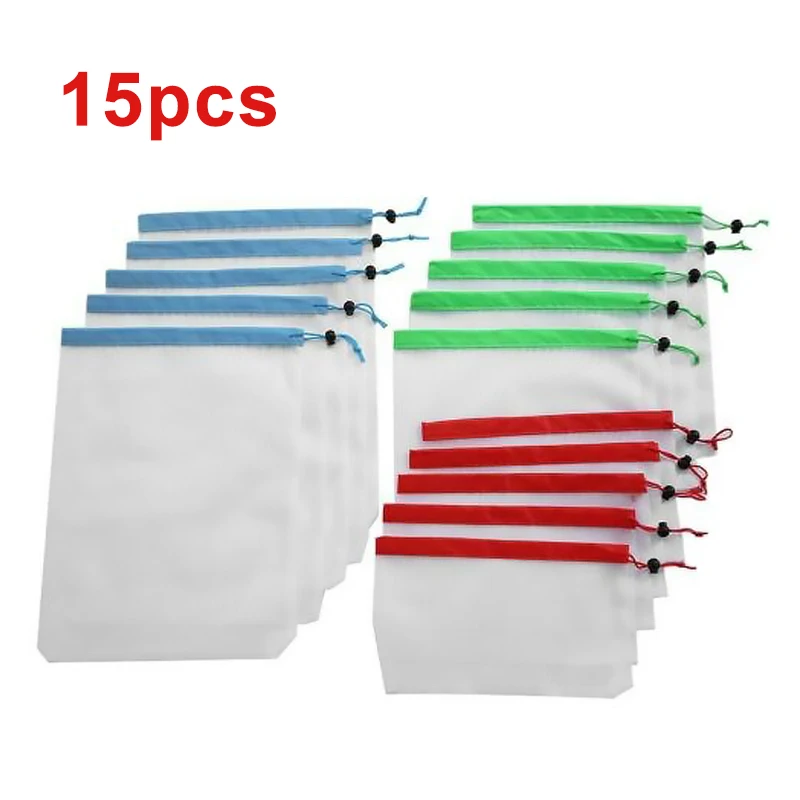 15Pcs 15 шт./лот многоразовые сетчатые сумки производят сумки моющиеся Экологичные легкие сумки для мелочей фрукты овощи игрушки сумка для хранения - Color: 15Pcs