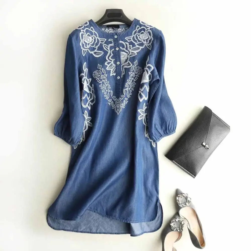 dark blue Винтажное женское джинсовое платье с круглым вырезом и рукавом три четверти, повседневные платья с цветочной вышивкой размера плюс, vestidos APWM0 - Цвет: dark blue