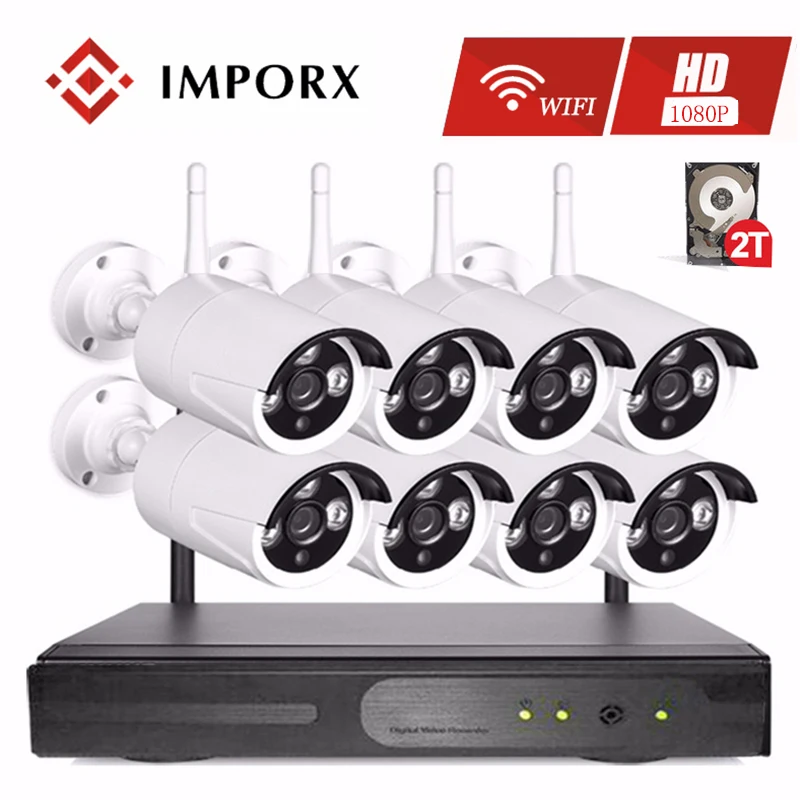 IMPORX 8CH 1080P HD Wireless NVR 2TB HDD Wifi Security Camera System 2MP IR Outdoor Record CCTV IP Video Surveillance Kit | Безопасность
