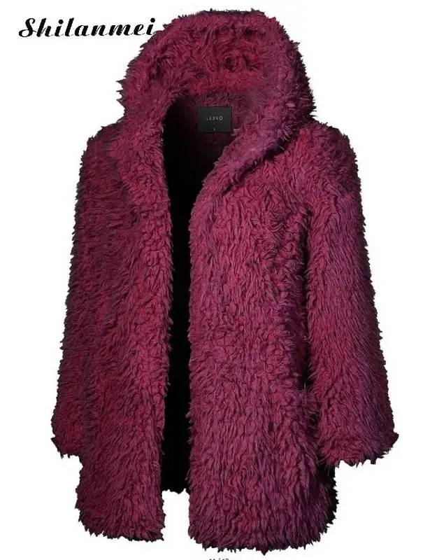 wine red color Модный Повседневный Кардиган с длинным рукавом, открытая передняя часть, однотонное розовое пальто из искусственного меха, верхняя одежда для женщин, зимняя теплая куртка с капюшоном из искусственного меха - Цвет: wine red color