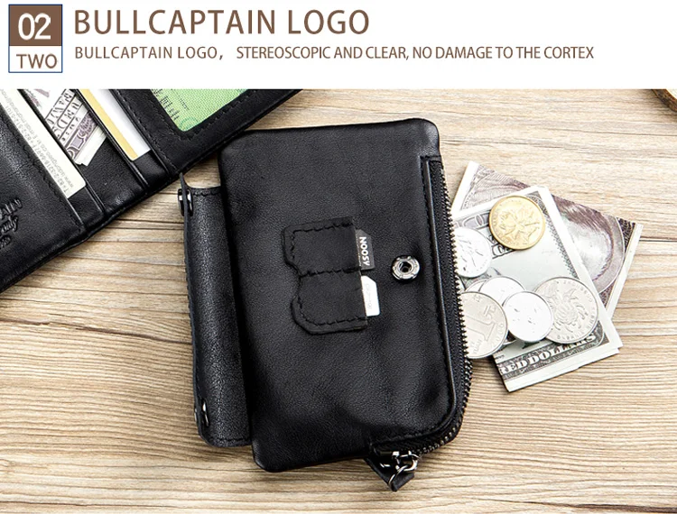 BULLCAPTAIN короткие тройного сгиба с застежкой-молнией кошелек Для мужчин из коровьей кожи, кошелек, сумочка с отделением для монет, сумочка для денег Бизнес держатель для Карт RFID держатель