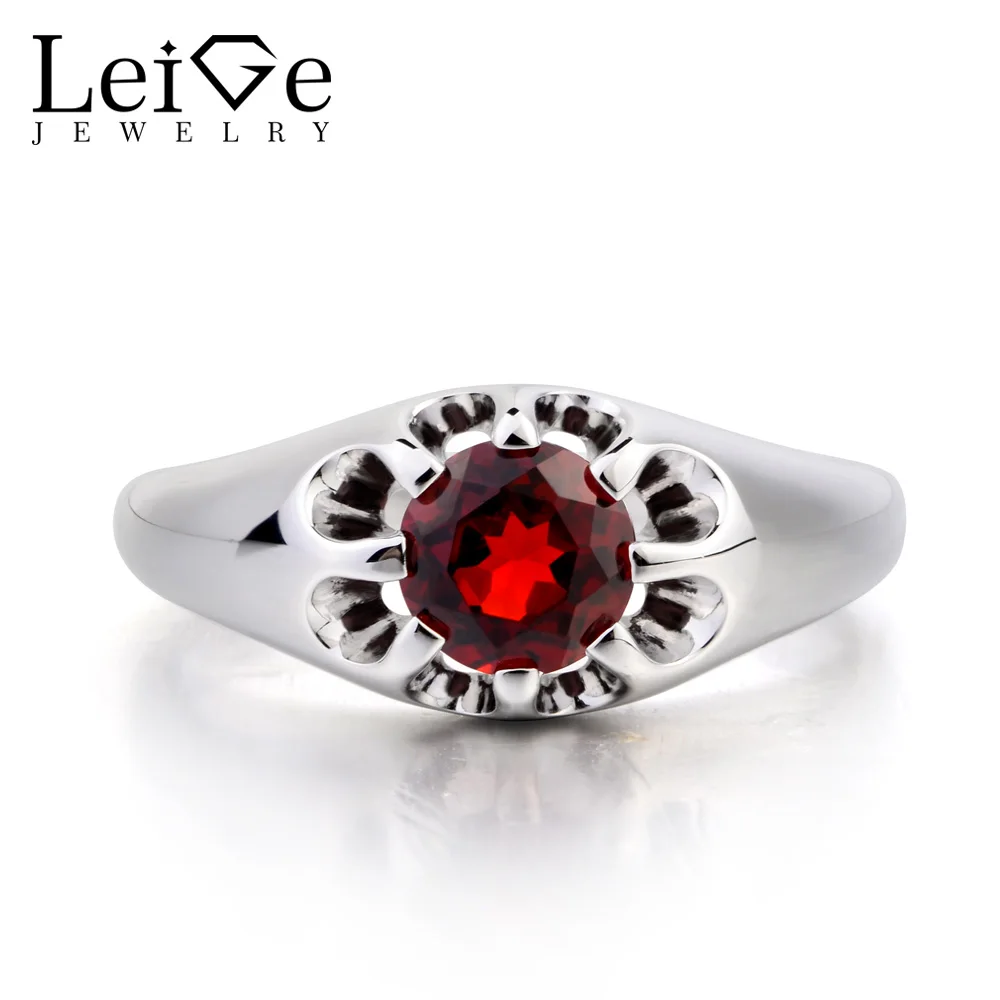 

Leige Jewelry January Birthstone Natural Red Garnet Ring Wedding Ring Round Cut Red Gemstone 925 Sterling Silver Ring for Girls