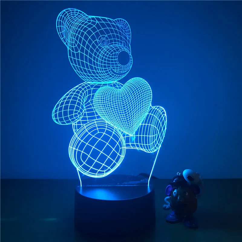 3D LED Night Light Cute Teddy Bear Love Heart Action Figure 7 Colors Touch Optical Illusion Table Lamp Home Decoration Model | Лампы и