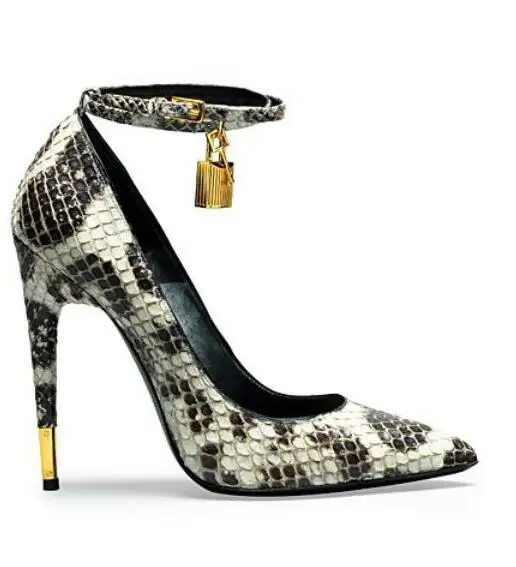 

Sexy Gold Snakeskin Stiletto High Heels Pumps Shoes Pointed Toe Ankle Straps Lock Women Formale Shoes Plus Size 42 Ladies Shoes