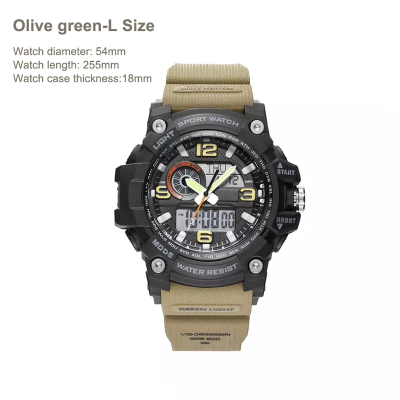 Olive green L Xiaomi 50ATM водонепроницаемые износостойкие электронные часы, светящийся дисплей с календарем и обратным отсчетом, часы-будильник для спорта на открытом воздухе - Цвет: Olive green L