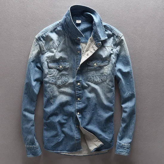 light blue Итальянский бренд Suehaiwe, современный стиль, хлопок, синяя джинсовая рубашка для мужчин, тонкая повседневная мужская рубашка, модные джинсовые рубашки, мужская рубашка - Цвет: light blue