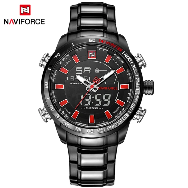 Мужские часы Naviforce, роскошный бренд, модные мужские военные спортивные часы, мужские Кварцевые светодиодный часы, мужские полностью Стальные наручные часы - Цвет: Black Red