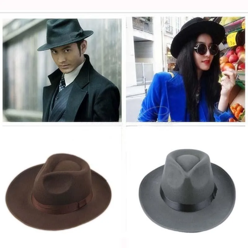 Винтажная Мужская Женская жесткая фетровая Кепка с широкими полями Fedora Trilby Панама Шляпа гангстера шляпы от солнца черный серый