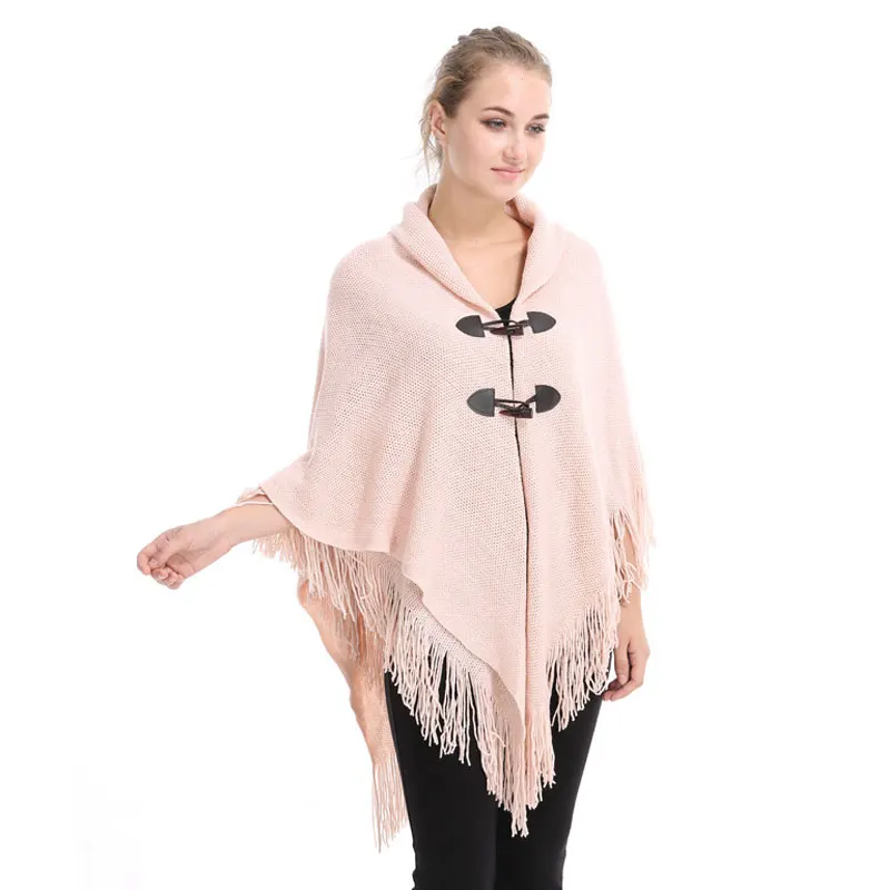 

Women's Warm Ponchos and Cloak Solid Color Scarf Female Early Spring Knitting Shawls Horn Button Scarves Capes Coats For Women