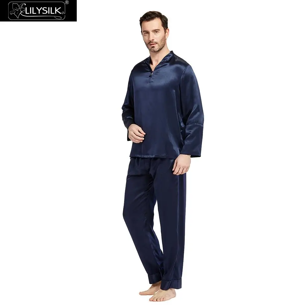 Navy Blue LilySilk пижама мужская белье костюм домашняя одежда для мужчн Пижамный комплект шелк 22 momme китайский Стиль - Цвет: Navy Blue