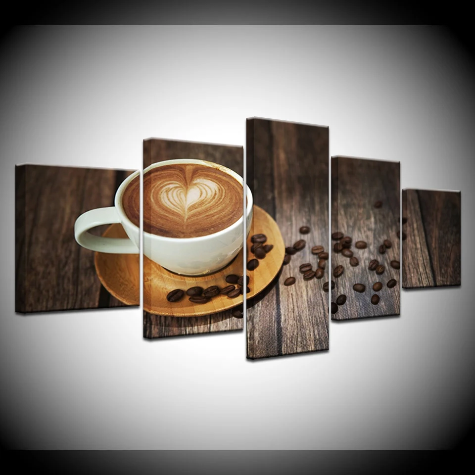 Картина на холсте коричневая чашка кофе в зернах 5 шт. художественная живопись