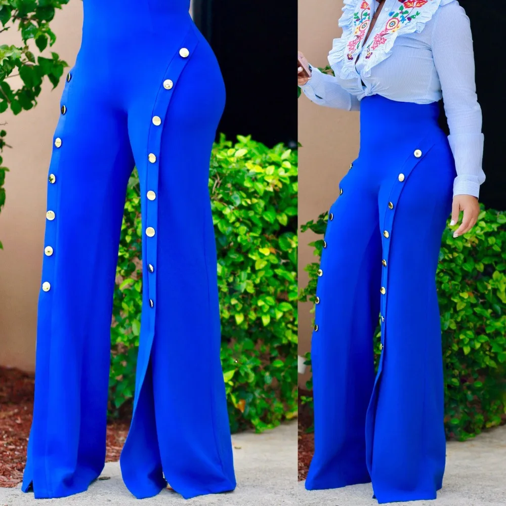 2019 модные брюки палаццо с пуговицами сбоку женские высокой талией летние