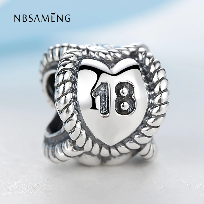 Authentic 100% 925 Sterling Silver Number 18 Love Heart Birthday Anniversary Gift Eighteen Charm Fit Bracelets &amp Bangles | Украшения и