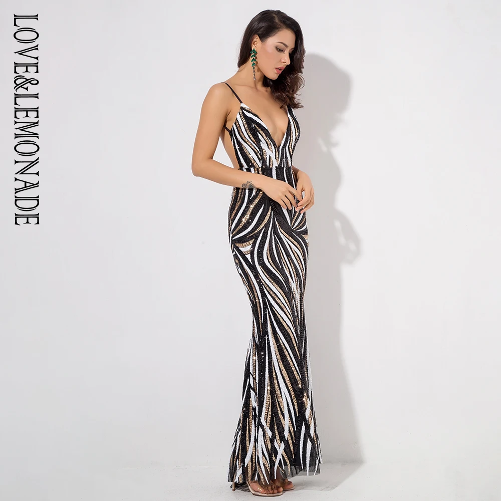 Женское платье с блестками LOVE &amp LEMONADE длинное в полоску глубоким V-образным