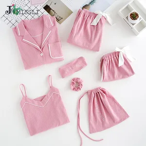 JRMISSLI 7 шт. женский 100% хлопковые пижамы, набор, Одноцветный Длинные рукава штаны Женская ночная рубашка, одежда для сна