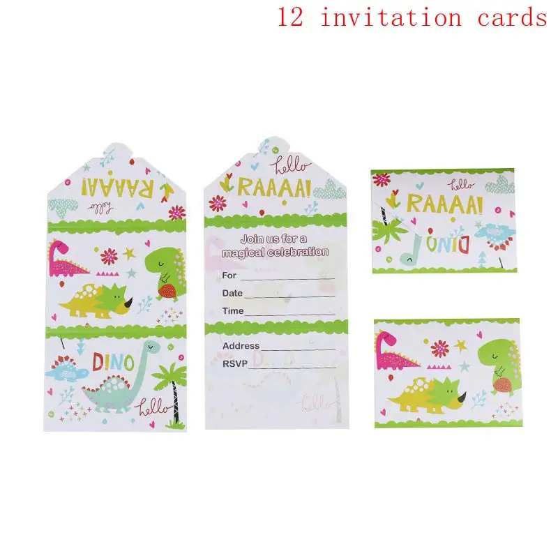 12 invitation cards Вечерние столовые приборы с рисунком динозавра, одноразовые бумажные тарелки, чашки, скатерть, Топпер для торта, с днем рождения, товары для мальчиков - Цвет: 12 invitation cards