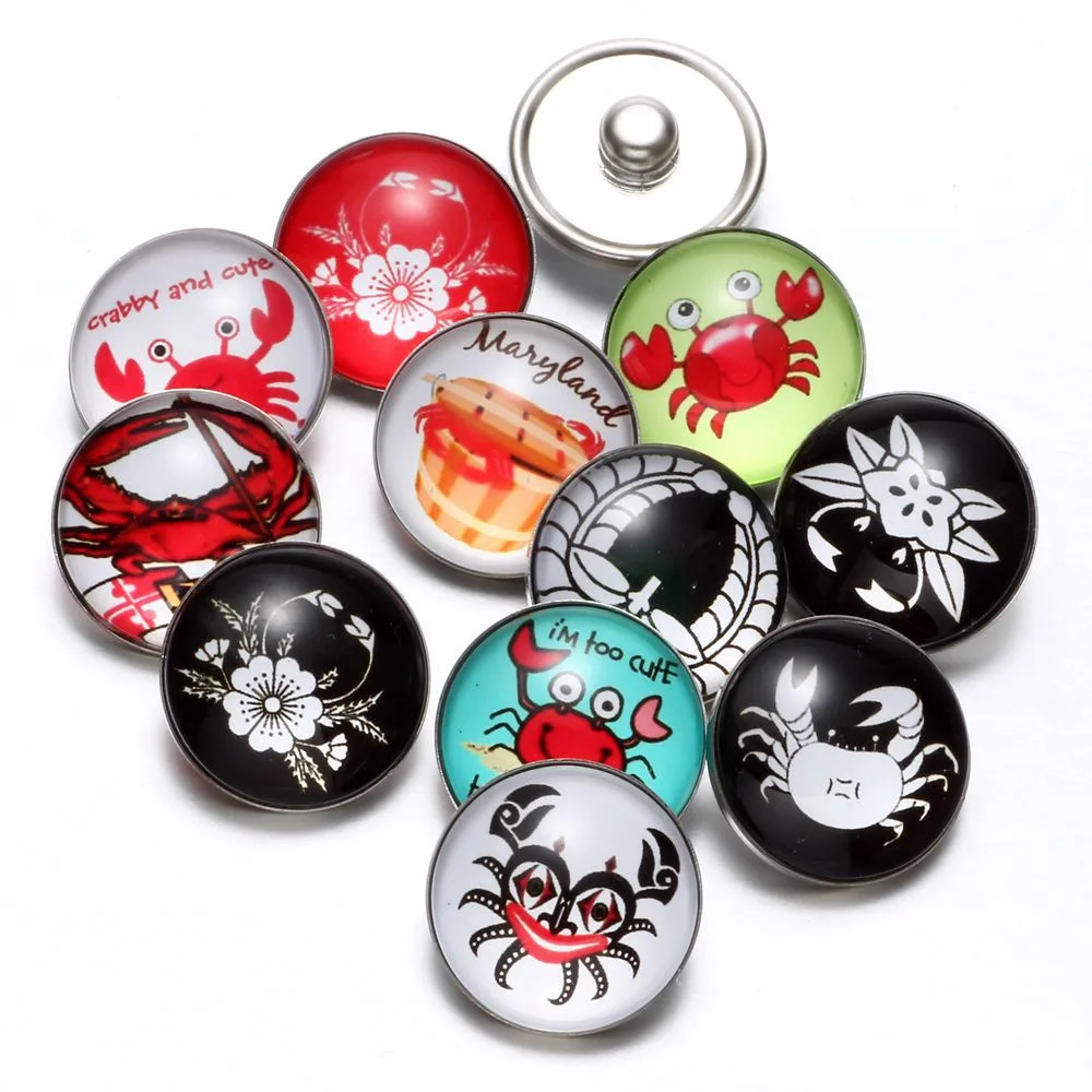 12 шт./лот Симпатичные Краб узор Стекло Шарм 18 мм кнопки украшения для щелкает