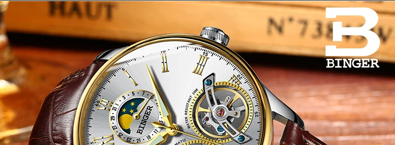 Двойной Tourbillon, швейцарские мужские часы, BINGER, оригинальные автоматические часы, мужские Модные механические наручные часы, кожаные часы