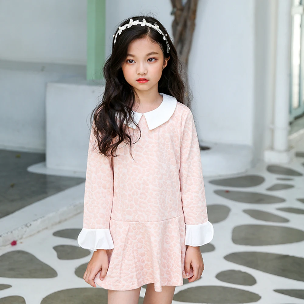 B-B18024 New Fashion Spring Girls Casual Dresses Early Summer Long Sleeve Princess Dress 5-13T Teenager Kids Solid color | Детская
