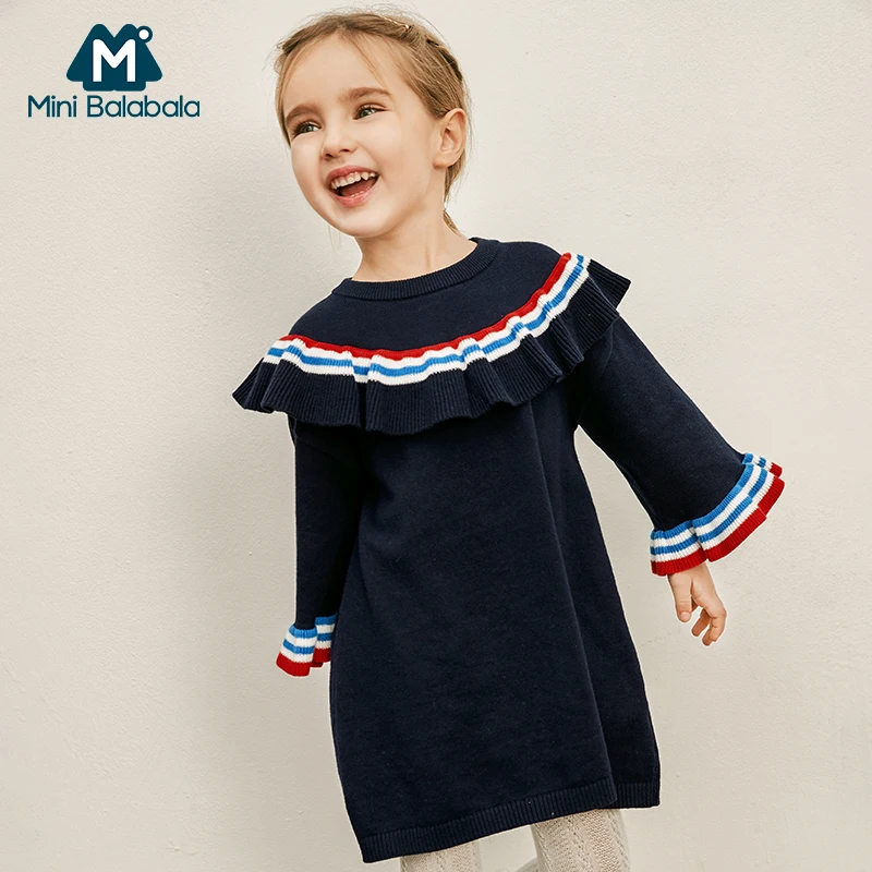 MinibalabalaGirls/Хлопковое платье; Новинка г.; весенняя одежда для маленьких детей в школьном стиле; вязаные хлопковые платья с длинными рукавами