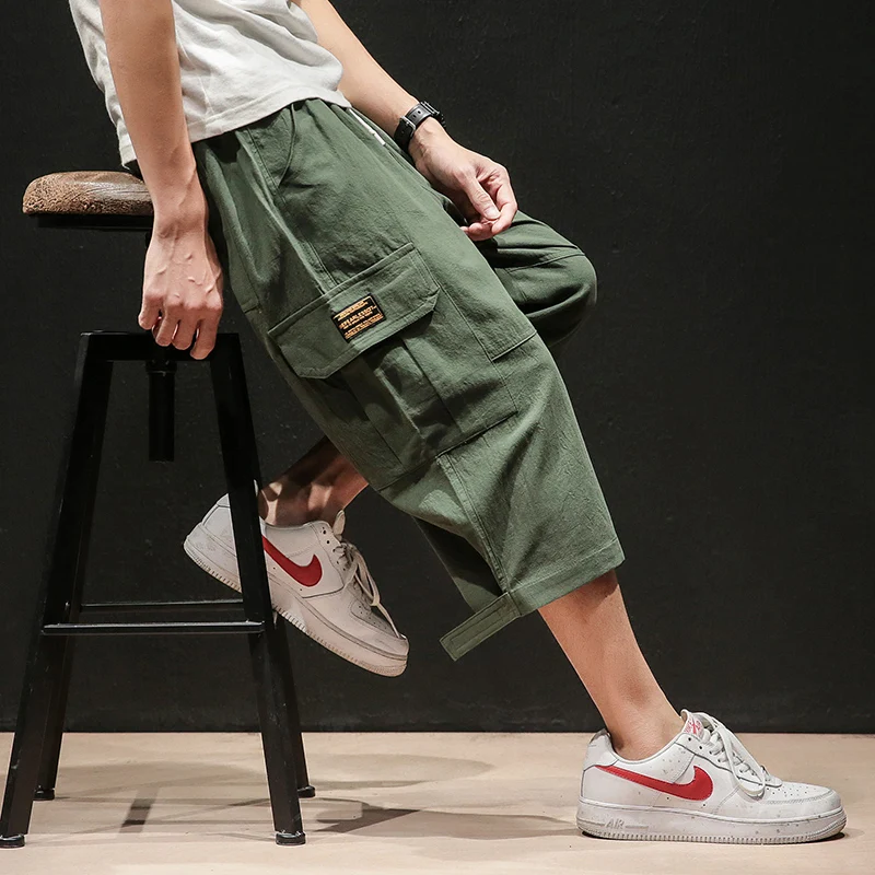 Мужская Мульти уличная одежда с карманом спортивные штаны из хлопка и льна для бега мужские Harajuku