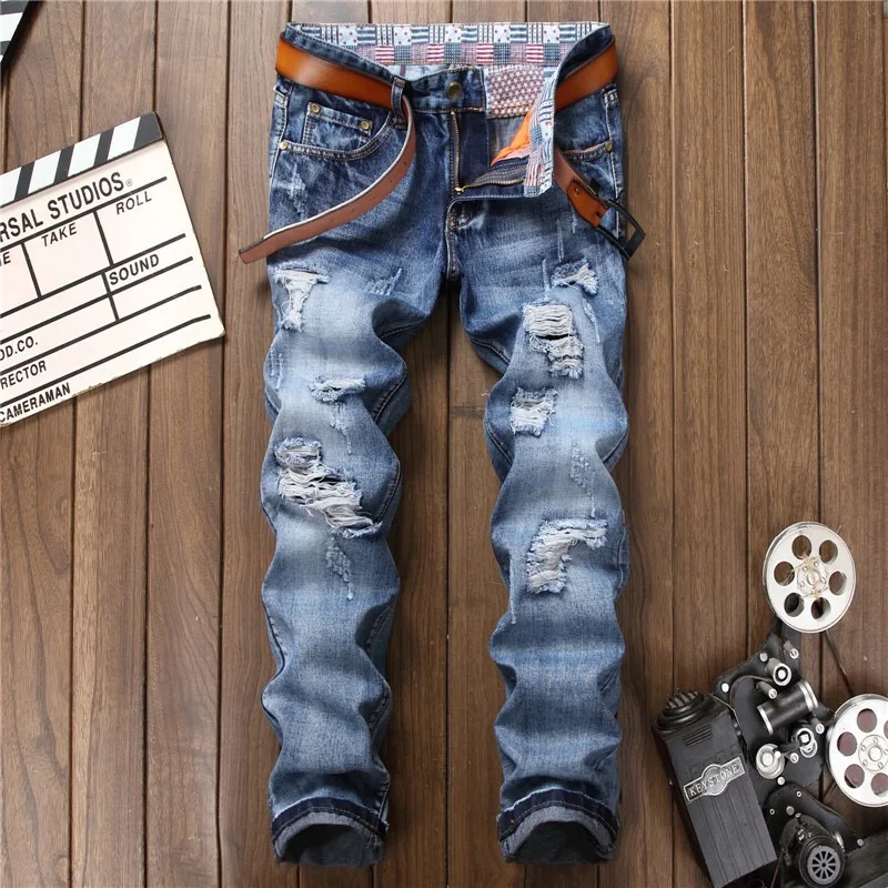 Голубые джинсовые байкерские джинсы мужские джинсы-стрейч большие размеры 38