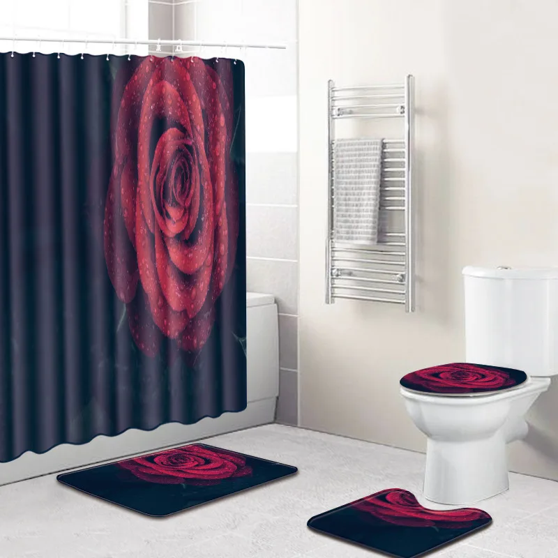 4 Pieces Set Waterproof Shower Curtains with Hooks + Non-Slip Pedestal Rug Lid Toilet Cover Bath Mat | Дом и сад