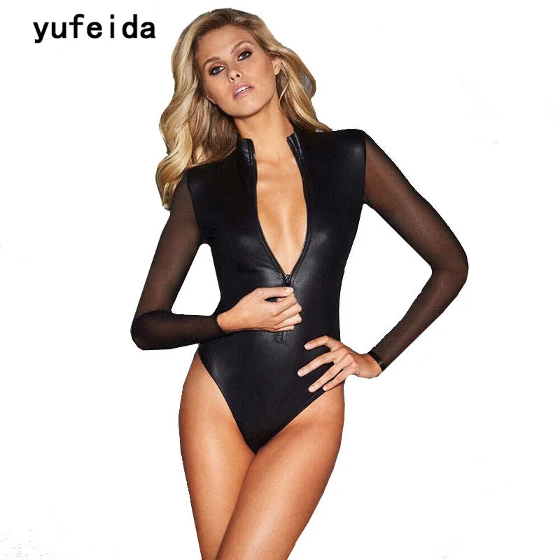 Женский комбинезон на молнии YUFEIDA черный сетчатый из искусственной кожи с