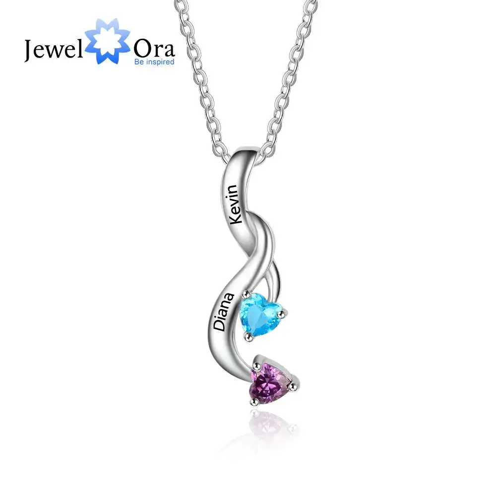 

2 Heart Personalized 12 Birthstone Engrave Name Pendant Necklace 925 Sterling Silver Jewelry Gifts For Her (JewelOra NE101990)