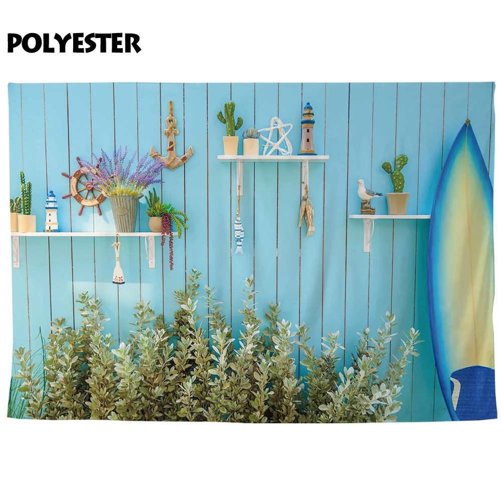 Allenjoy photography background summer surfboard cactus plant decor blue wooden board backdrop photo studio photobooth photocall |