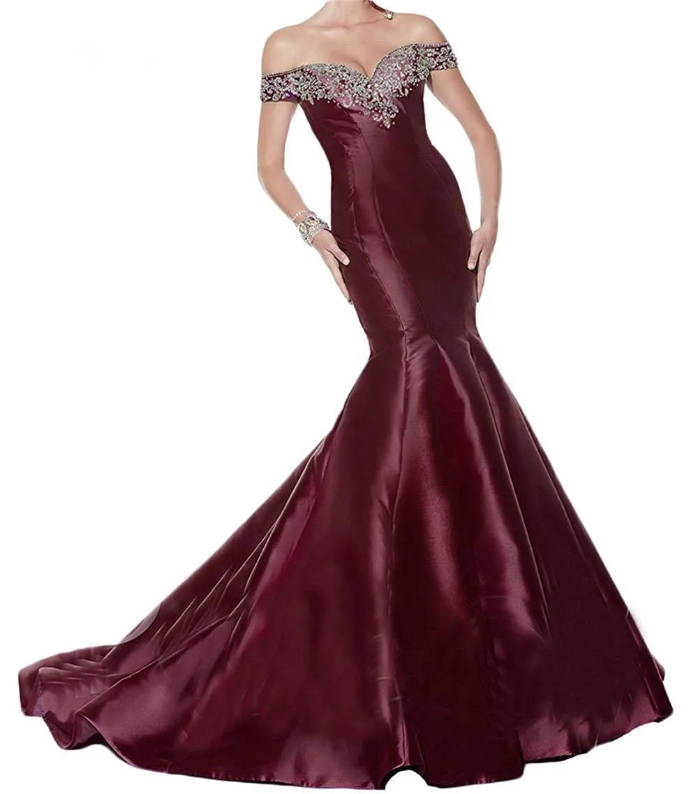 JaneVini Sexy Mermaid Royal Blue Evening Dress Off Shoulder Gown Sequins Beaded Long Satin Dresses Sweep Train Vestidos De Noite | Свадьбы и