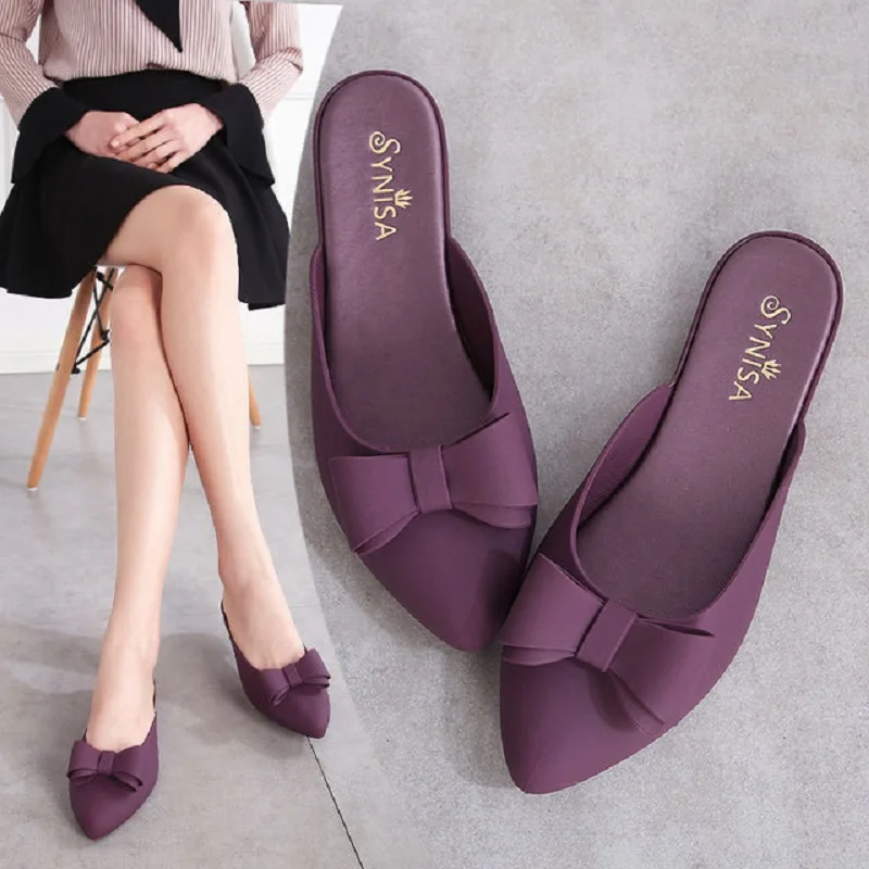 Новинка летние модные пляжные шлепанцы из ПВХ с закрытым острым носком и бантом в