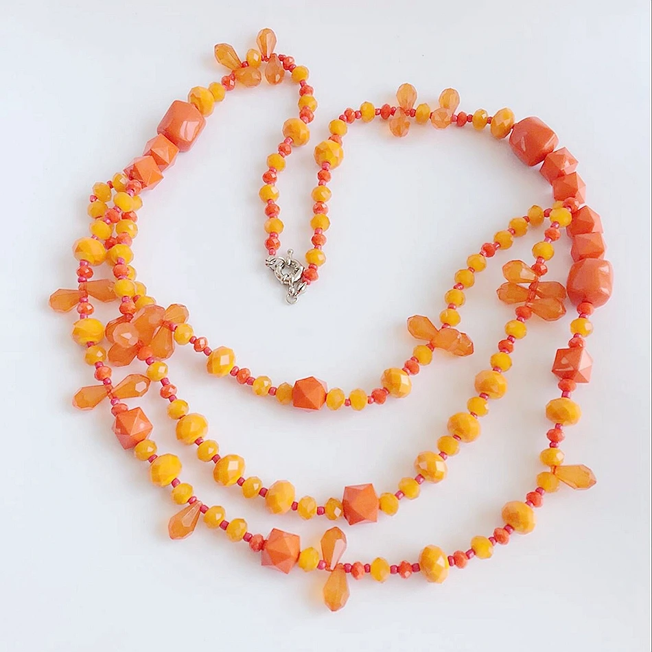 Оранжевое многослойное ожерелье из бисера длинное массивное подвеска ювелирное