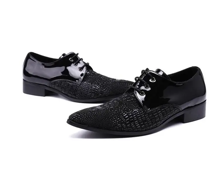 Lace-Up Med Heeled Men's Genuine Leather Dress Shoes Pointed-Toe Height Increasing Patchwork Stone Pattern Formal Brogue | Обувь