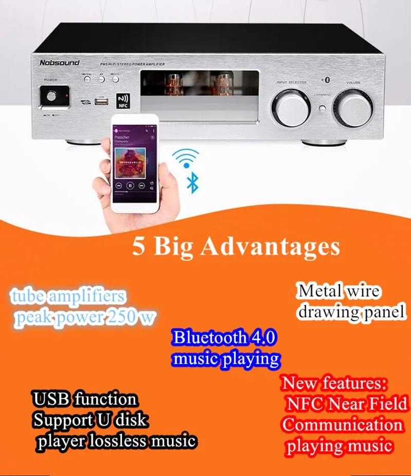 Nobsound PM5 серебряный черный 250 Вт вакуумная трубка стерео NFC Bluetooth и USB без потерь воспроизведения музыки аудио усилитель