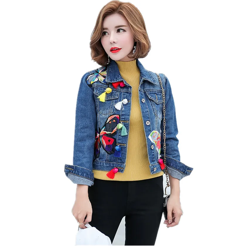 Женские короткие джинсы цветные с вышивкой в виде бабочки кисточками C75901J|women denim