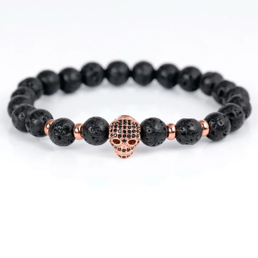 Rose Gold Трендовые мини-черепа микро проложенные нити из лавового камня бусины браслеты высокого качества винтажные черные CZ мужские очаровательные браслеты ювелирные изделия - Окраска металла: Rose Gold