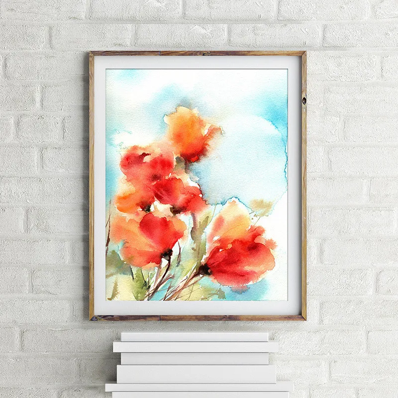 Оранжевые цветы Печать Акварельная живопись абстрактные цветочные стены