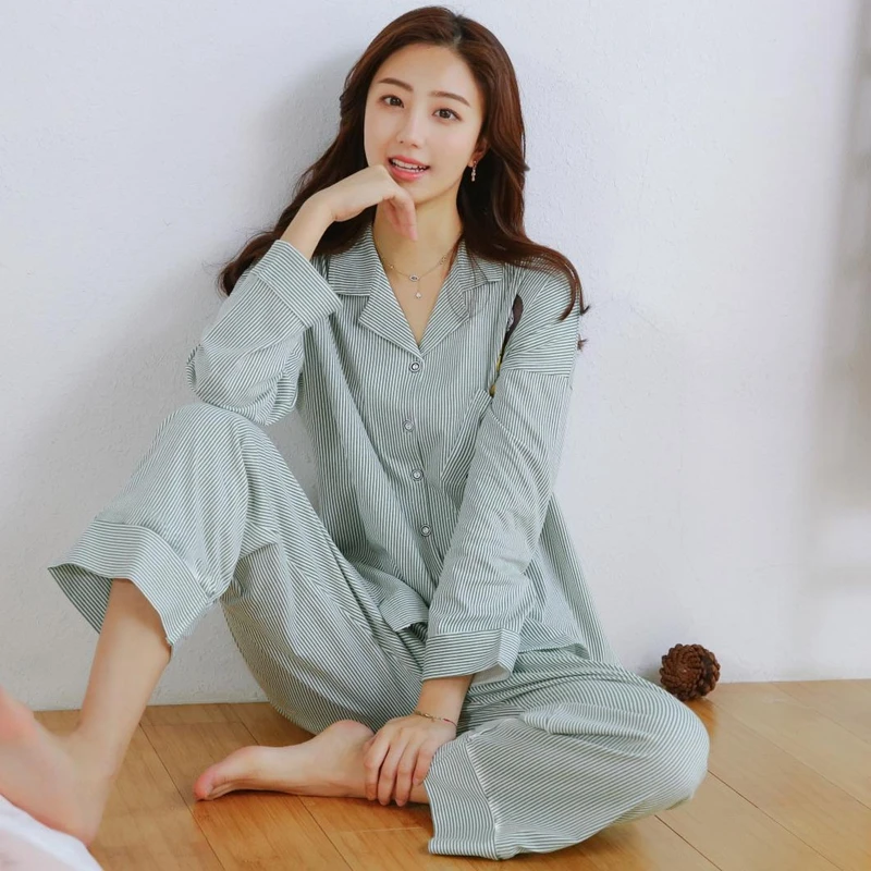 100% хлопковые Пижамные комплекты для женщин 2019 Осень Зима Пижама с длинным