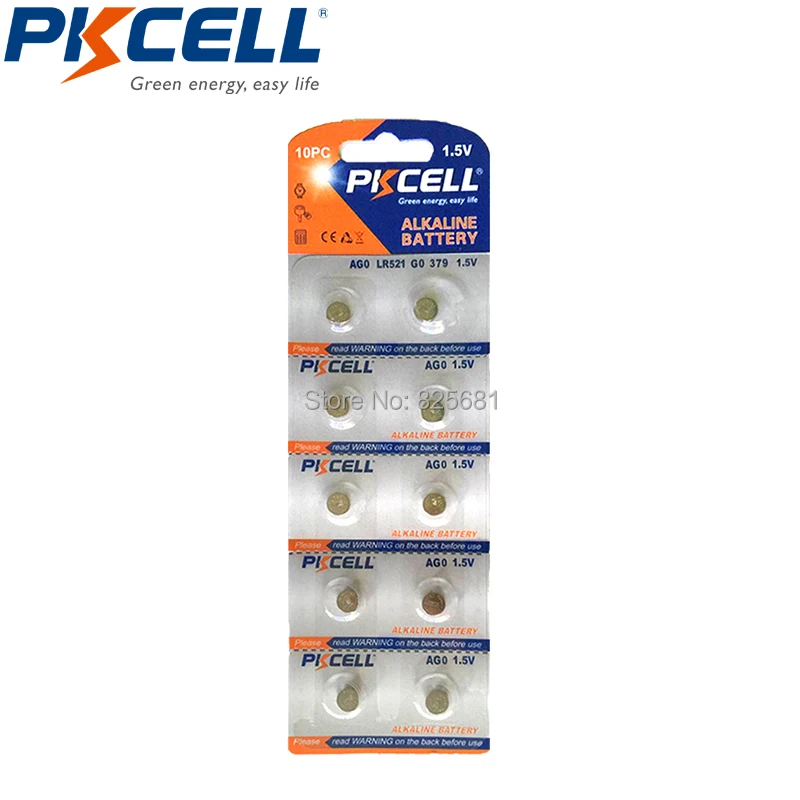 10 шт. PKCELL AG0 LR521 щелочная батарея Кнопка монета батареи мАч 379A SR521 379 618 SR63 521