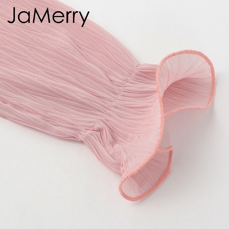 JaMerry винтажное элегантное шифоновое женское мини-платье с оборками, летнее однотонное праздничное платье с длинным рукавом, повседневное короткое платье vestidos