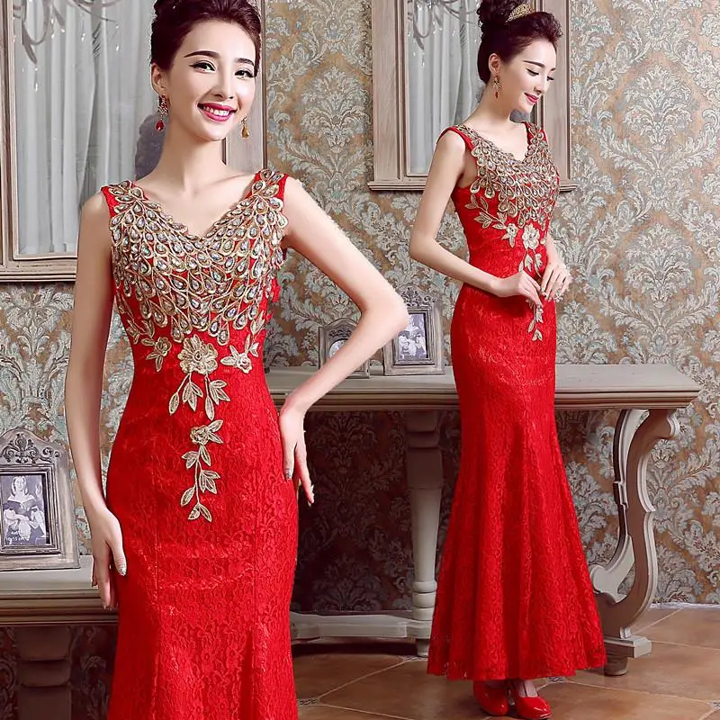 Китайское кружевное платье cheongsam с рыбьим хвостом без рукавов v образный вырез